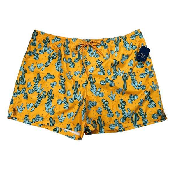 Gold Turquoise Cactus Print Swim Trunks Men 3XL 48-50 Above The Knee 6" Inseam - Picture 1 of 9